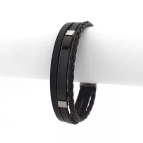   Fekete bőr karkötő fekete nemesacél gravírozható betéttel