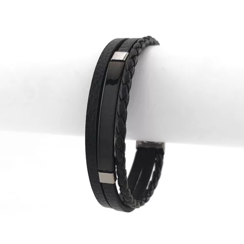 Fekete bőr karkötő fekete nemesacél gravírozható betéttel