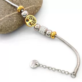   Arany-ezüstszínű nemesacél pandora jellegű karkötő életfa charmokkal