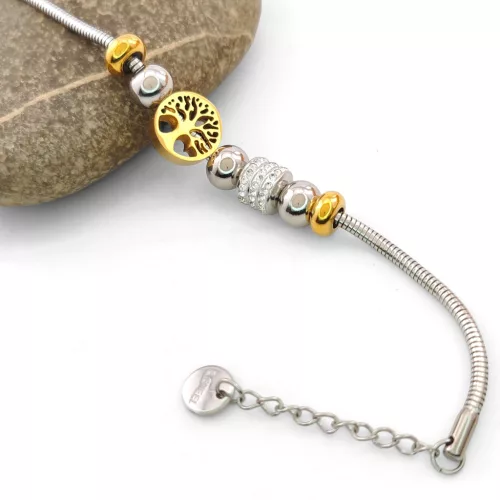 Arany-ezüstszínű nemesacél pandora jellegű karkötő életfa charmokkal