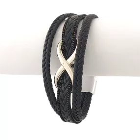   Fekete bőr karkötő nemesacél végtelen jel díszítéssel