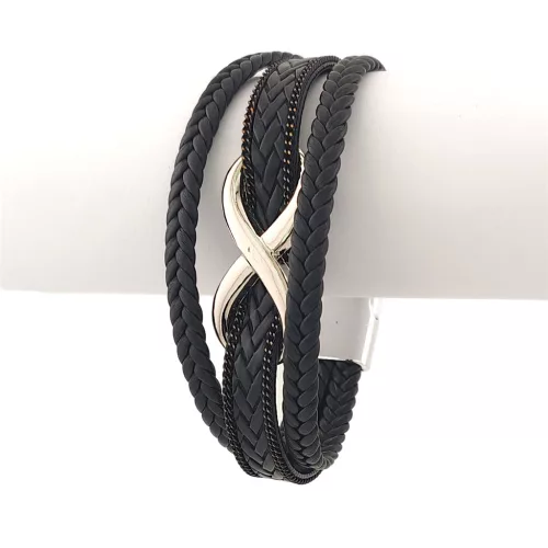 Fekete bőr karkötő nemesacél végtelen jel díszítéssel