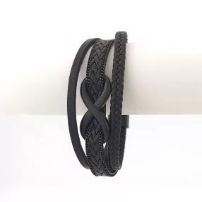   Fekete bőr karkötő nemesacél végtelen jel díszítéssel
