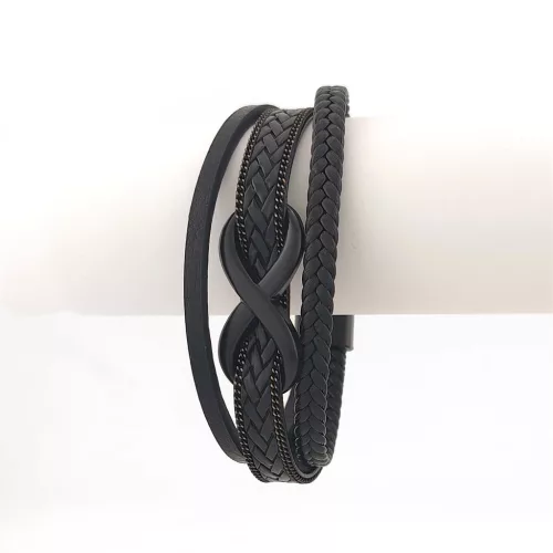 Fekete bőr karkötő nemesacél végtelen jel díszítéssel