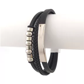   Fekete bőr karkötő nemesacél díszítéssel és gravírozható betéttel