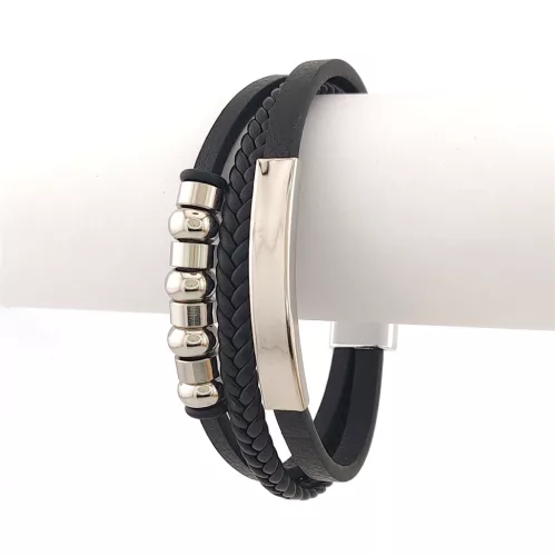 Fekete bőr karkötő nemesacél díszítéssel és gravírozható betéttel