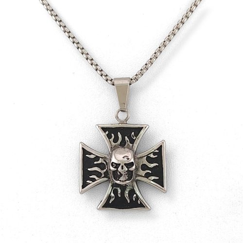 Ezüstszínű nemesacél vaskereszt medál koponyával