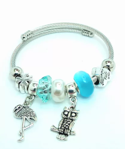 Ezüstszínű antiallergén pandora jellegű karkötő bagoly charmmal