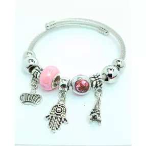   Ezüstszínű nemesacél pandora jellegű karperec rózsaszín kristályokkal