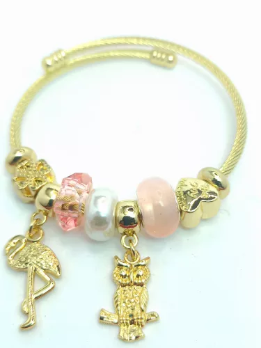 Aranyszínű antiallergén pandora jellegű karkötő bagoly charmmal