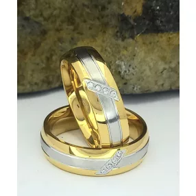   Arany-ezüstszínű nemesacél gyűrű fehér kristállyal ( páros gyűrű )