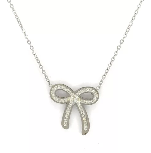 Ezüstszínű nemesacél nyaklánc fehér kristályos masni medállal