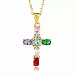   Aranyszínű nemesacél nyaklánc színes kristályos kereszt medállal