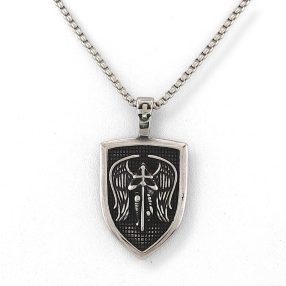   Ezüstszínű nemesacél Szent Mihály arkangyal pajzs medál