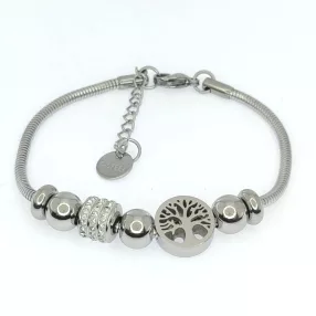   Ezüstszínű nemesacél pandora jellegű karkötő életfa charmmal