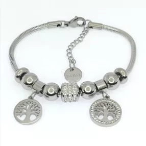   Ezüstszínű nemesacél pandora jellegű karkötő életfa charmokkal
