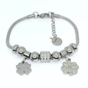   Ezüstszínű nemesacél karkötő négylevelű lóhere charmokkal