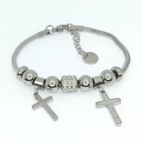   Ezüstszínű nemesacél pandora jellegű karkötő kereszt charmokkal