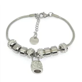   Ezüstszínű nemesacél pandora jellegű karkötő lakat charmmal