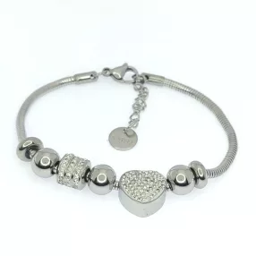   Ezüstszínű nemesacél pandora jellegű karkötő szív charmmal