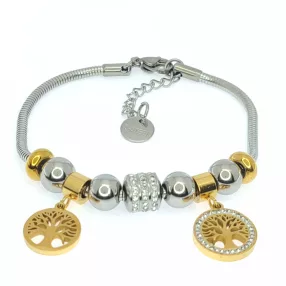   Arany-ezüstszínű nemesacél pandora jellegű karkötő életfa medálokkal