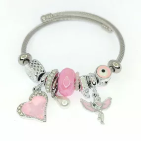   Ezüstszínű nemesacél pandora jellegű karperec szív és angyalka charmokkal