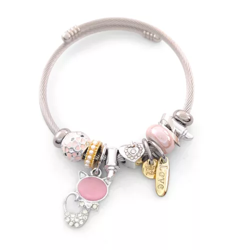 Ezüstszínű nemesacél pandora jellegű karperec cica charmmal